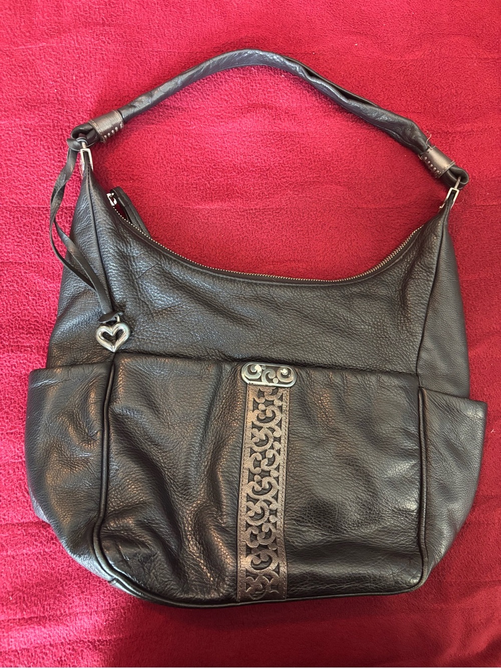 Brighton Black Leather Shoulder Bag with Decorative Trim
